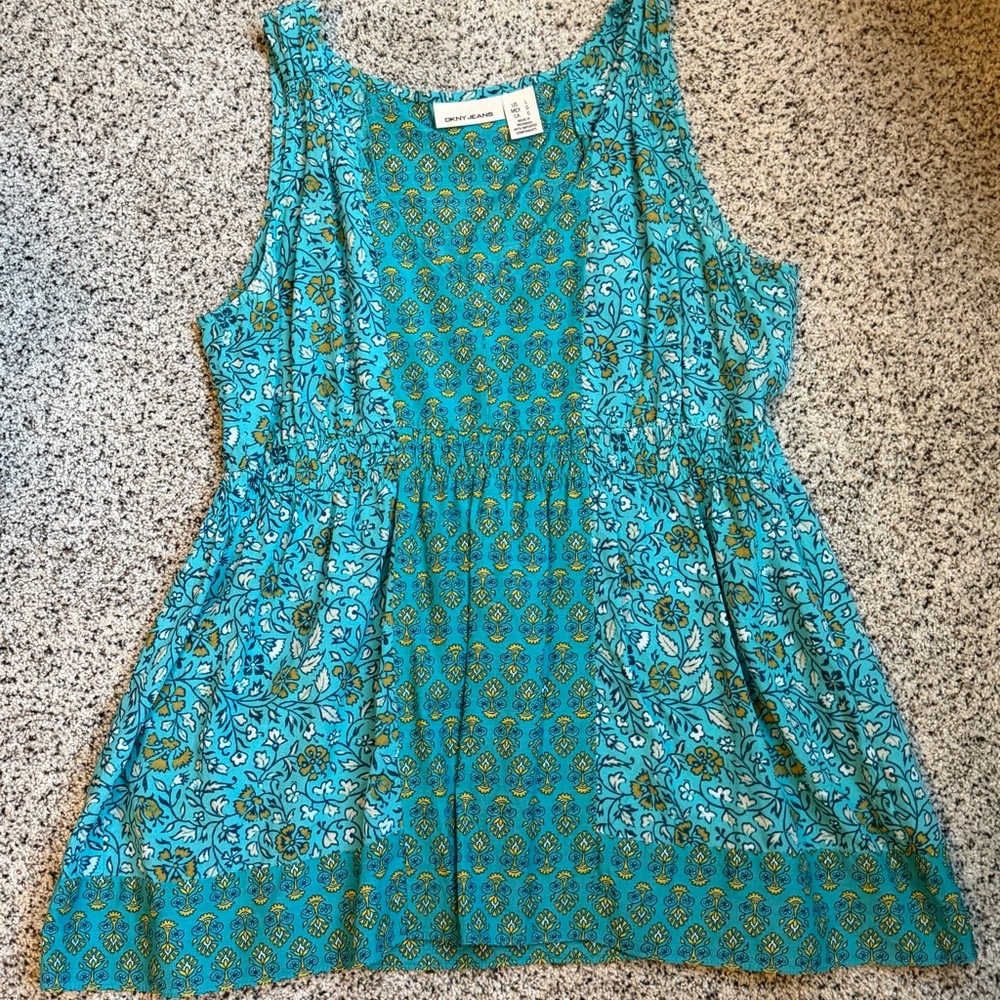 DKNY Jeans Teal Boho Sleeveless Top Shirt Tank sz Large EUC